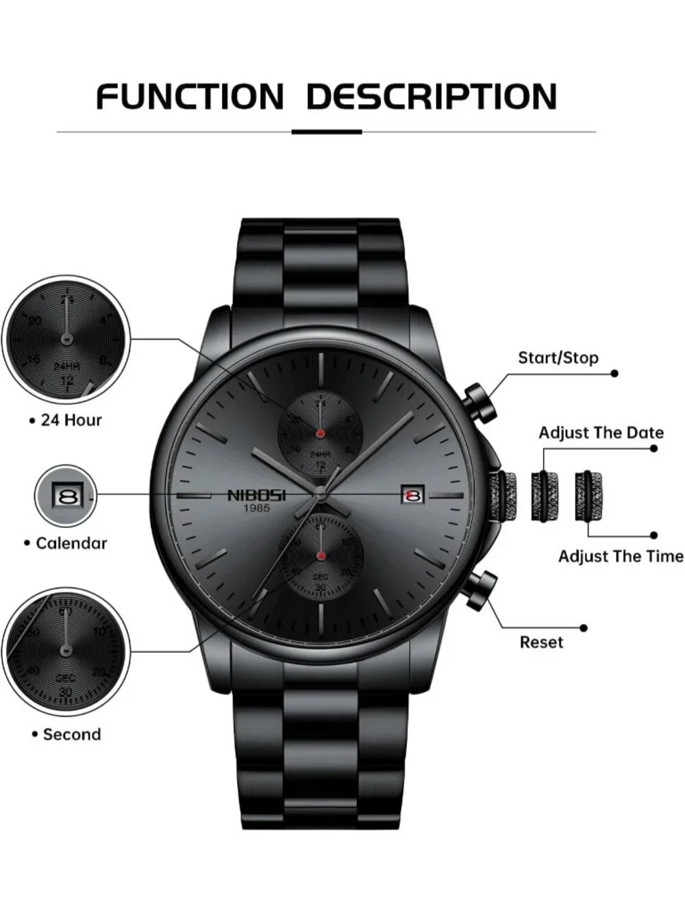 Men's All Black Stainless Steel Quartz Waterproof Day Date Casual Wrist Watch